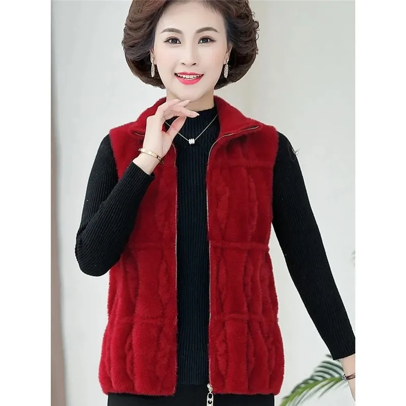 Middle-Aged Elderly Woolen Women\'s Coat Resemble Mink Cashmere Vest Fashion Spring Autumn Waistcoat Grandma\'s Keep Warm Jacket