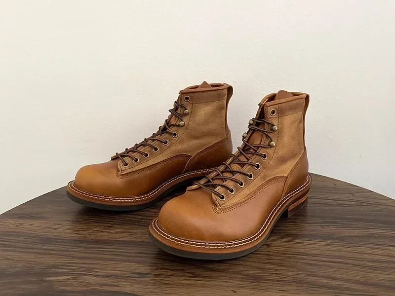 LN Shop Best.American vintage Leather boots.quality Men genuine leather shoes.Motor Rider Retro Oil cowhide leather canvas boots