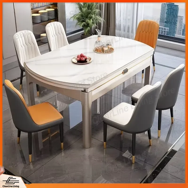 Retractable Folding Round Dining Table Set Italian Smooth Slate Top Modern Simple Home Furniture Space Saving Kitchen Desk