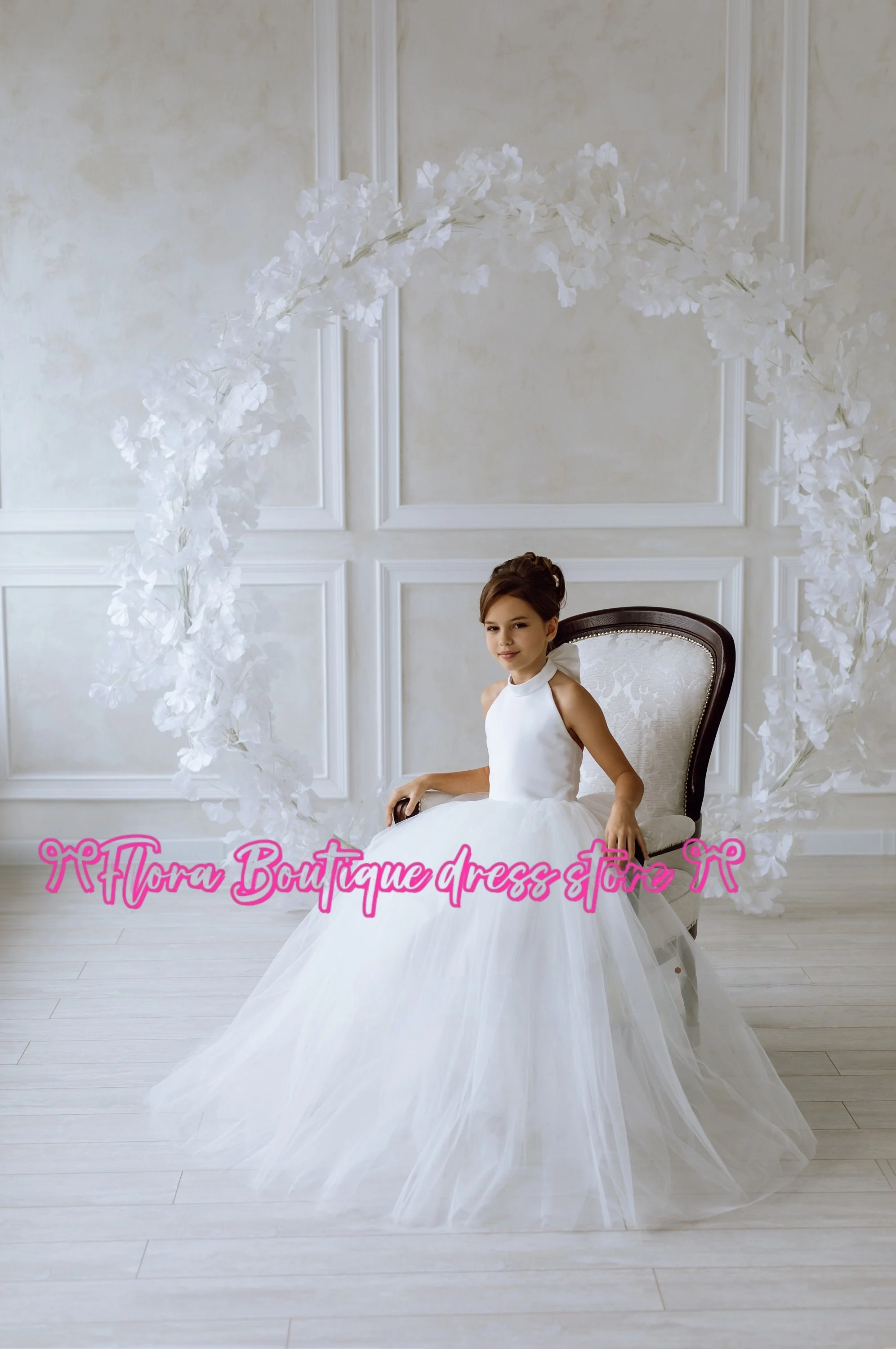 플라워 걸 드레스 아이보리 튤 주니어 플라워 드레스 파티 드레스 볼 가운 드레스 리본 장식 생일 드레스 결혼식 의식