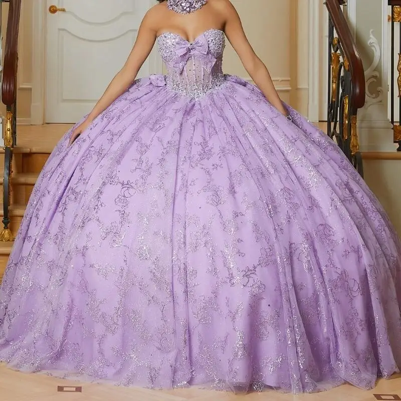 

Lilac Off-The-Shoulder Princess Quinceanera Dress Ball Gown Classic Appliqué Sequin Beads Bow Sweet 16 Dress Vestido De 15 Anos