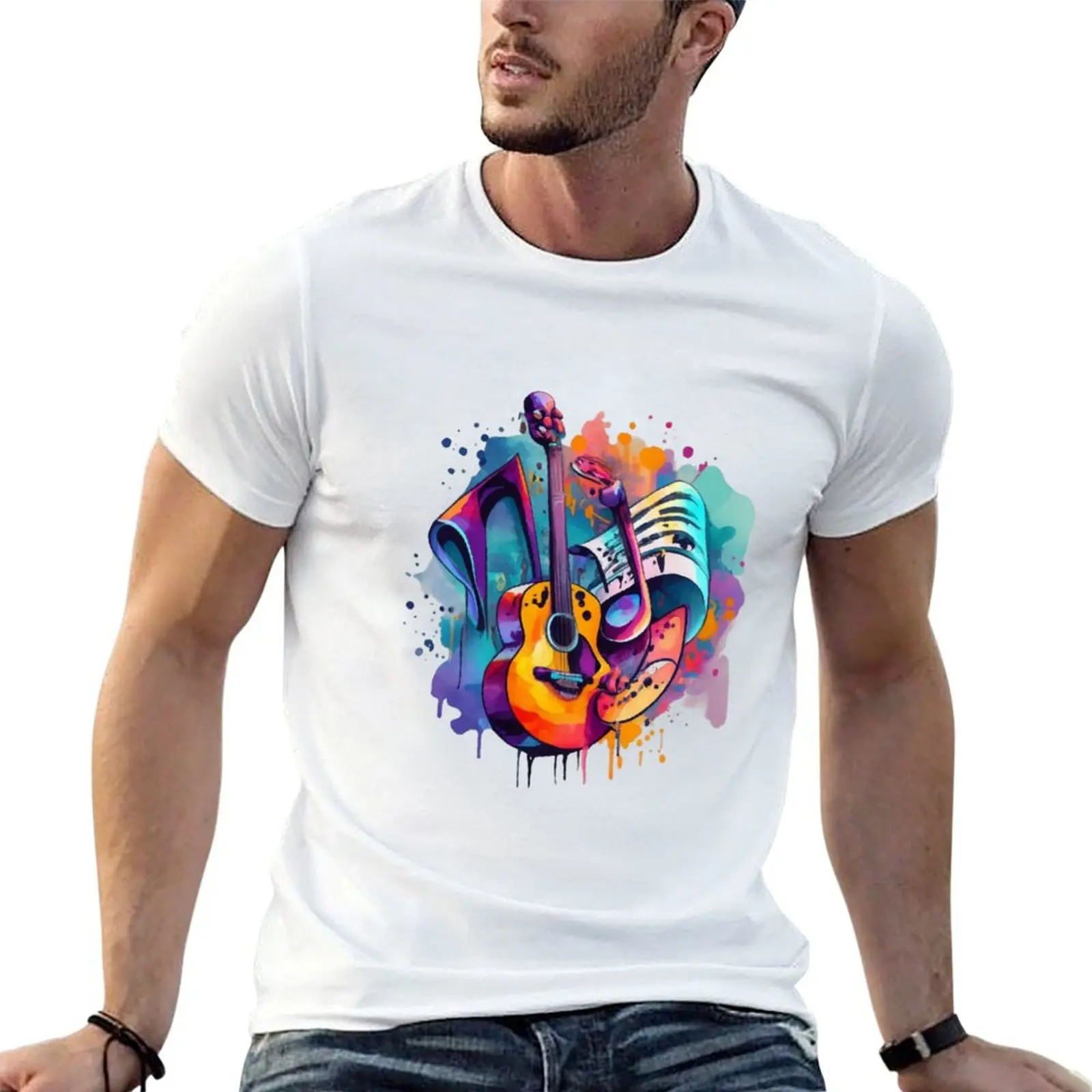 Gitar watercolor painting T-Shirt Comfortable Basic Crew Neck Tee
