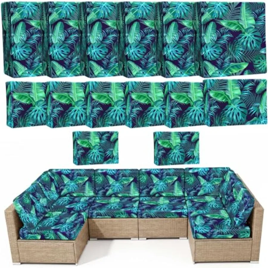 

14 Pieces Outdoor Cushion Covers for Patio Furniture High Elastic Spandex Sectional Sofa Slipcovers Washable Universal Fit Repl