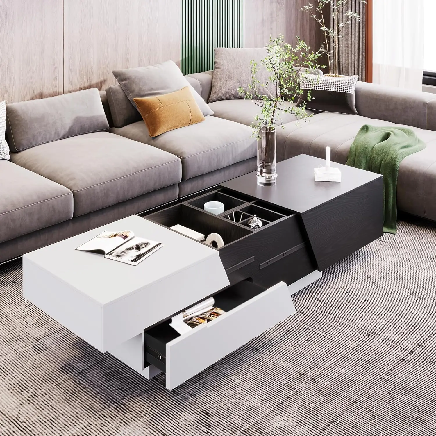 Modern Extendable Sliding Top Coffee Table with Storage in White&Black