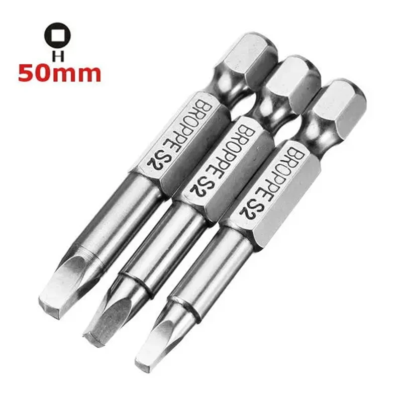 Broppe 3Pcs 50mm SQ2 Square Head Driver Bit Screwdriver Bits Tool Set S2 Steel Screw Driver Bits For Repair Hand Tool Bit Kit