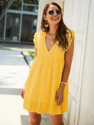 Women Oversize Loose Summer Solid Hollow Out Short Dress Sexy V Neck Butterfly Sleeve Lace Dress