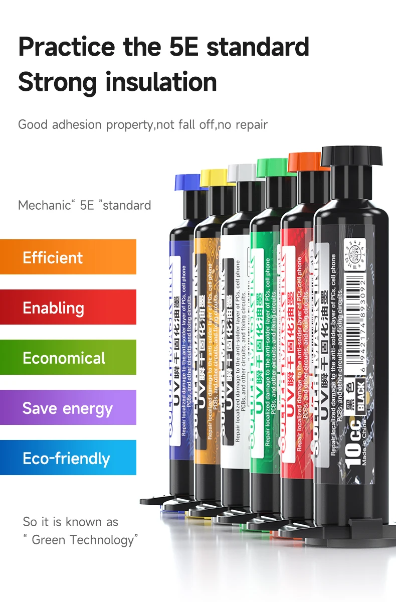 Afbeelding 5: MONTEUR OFFICIËLE SU7 UV-uithardende soldeermaskerinkt voor telefoon Elektronische moederbordreparatie Direct snelle uitharding Zeven kleuren