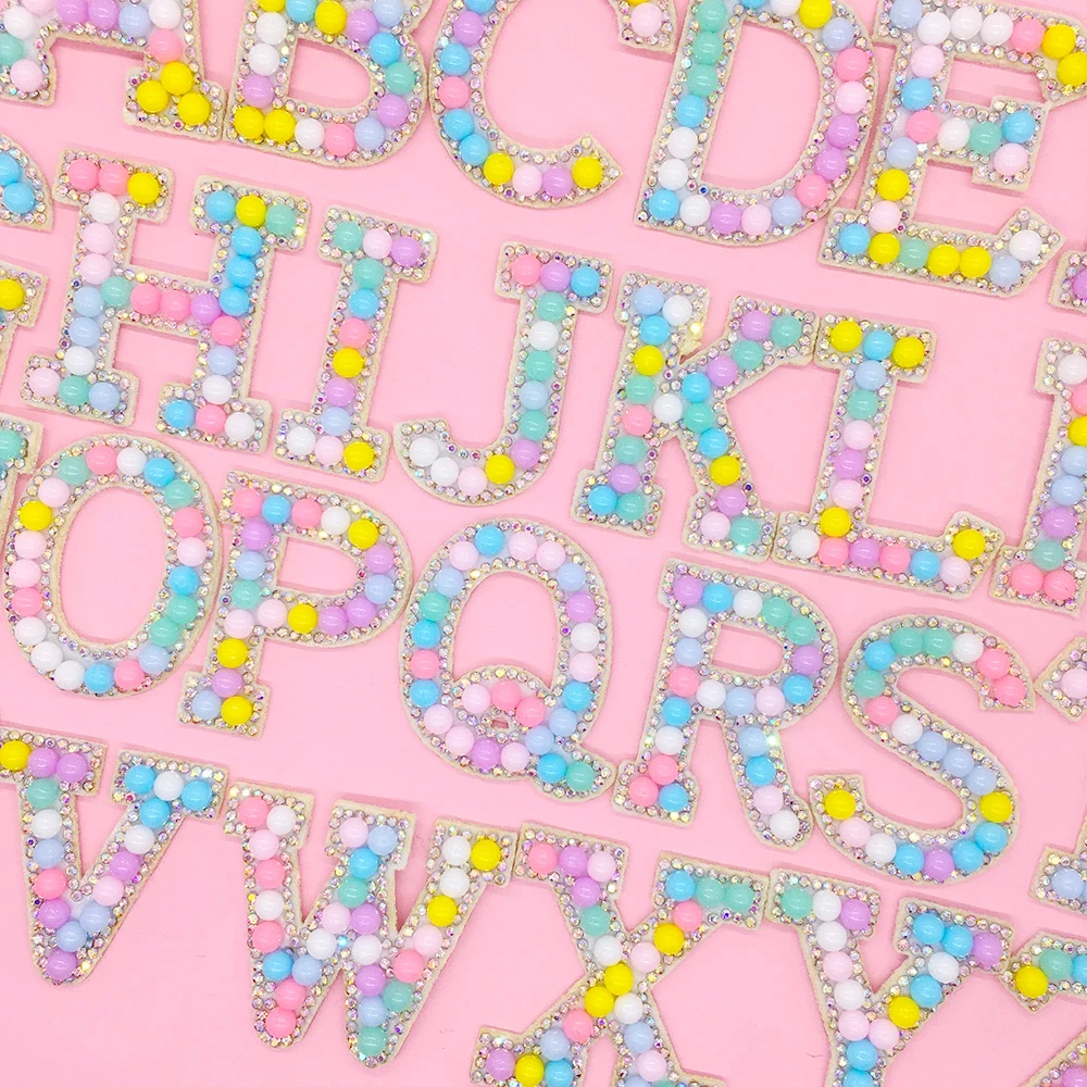 26pcs 1set  A-Z Alphabet Pearl Letter Patches Iron-on Rhinestone Diamond Garment Hats Bags Applique DIY Macaroon Accessories