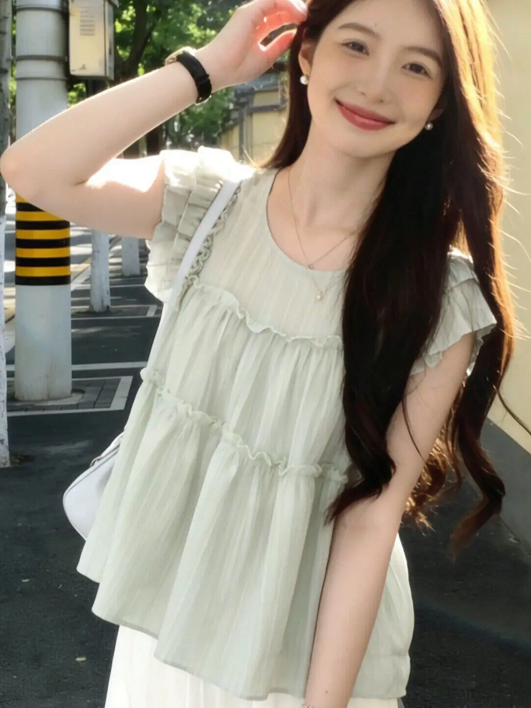 French Style Green  Color Women's Top Thin Summer Design Sense Little Popular Small Fragrance Style Short Sleeve T-Shirt
