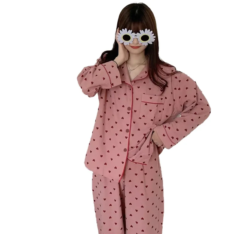 New Ins Loose Casual Pajamas for Women, Simple and Sweet Long Sleeved Cardigan Pjs for Girls, Home Two-piece Pajamas for Women