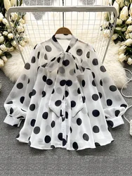 Women's Spring New All-match Chiffon Shirt Bow Tie Long-sleeved Polka Dot Printed Japan-style Top Blouse Woman Blusas D999