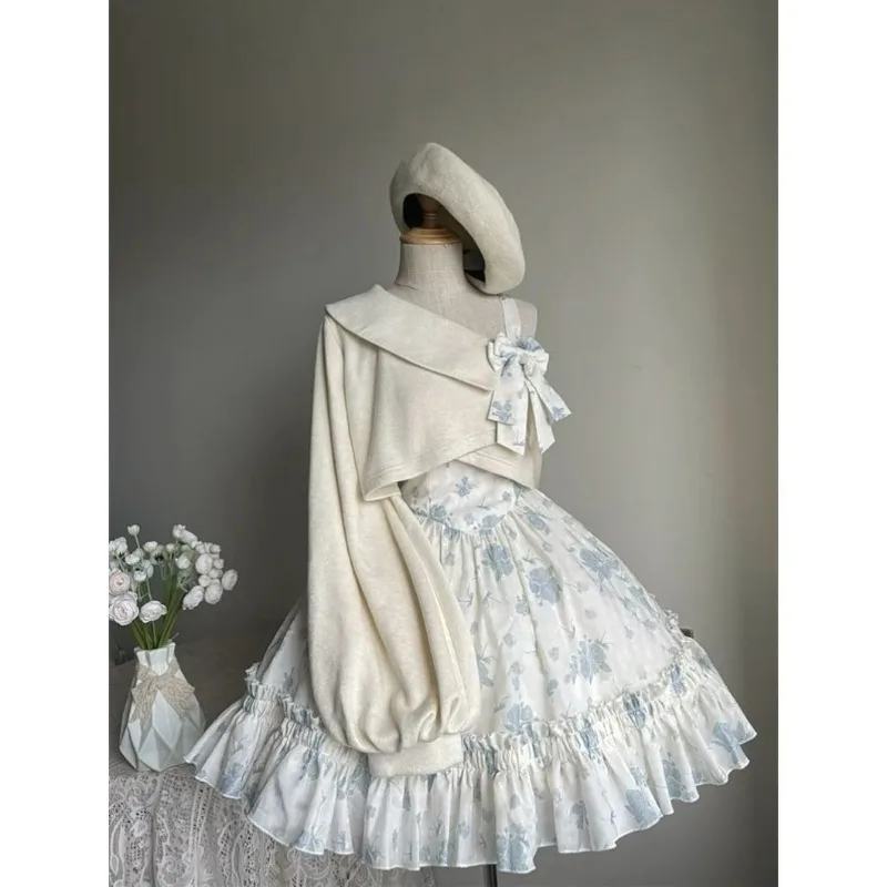 2025 New Japanese Lolita Floral Print Off-Shoulder Strap Dress Sweet Summer Autumn Long Sleeve Lantern Sleeve Tops Two-piece Set image 6