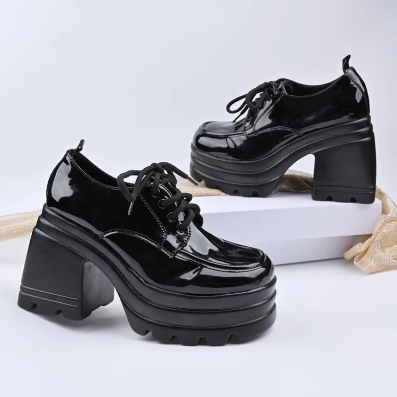 

Туфли на одинарном каблуке, женские весенние нескользящие квадратные лоферы из лакированной кожи с круглым носком и шнуровкой спереди