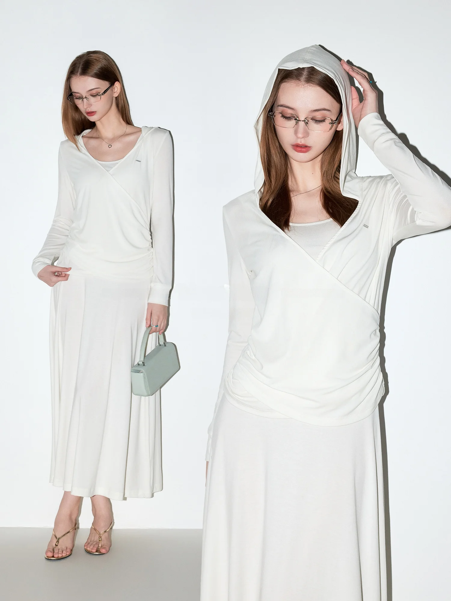 

MoodBerry American Retro Color V-neck Long Sleeve Hoodie Women's Spring Slim Fit Long Dress Set Fashionable Two-piece Suit