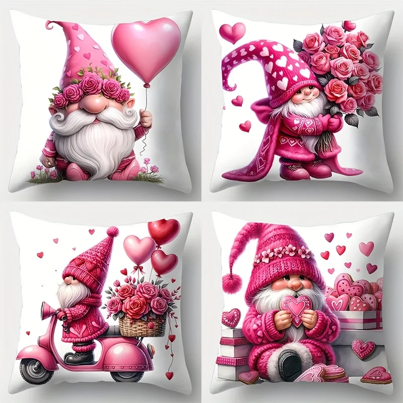 1pc 2D Flat (Pillow Not Included) Pink Gnome Heart Cookies Valentine Cushion CoverShort Plush FestiveGift Decor Throw PillowCase