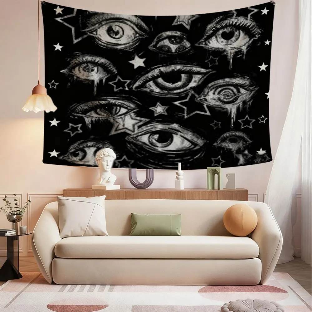 Gothic All Seeing Eyes Black Star Pattern Wall Tapestry Bohemian Dark Aesthetic Home Decor Art Print