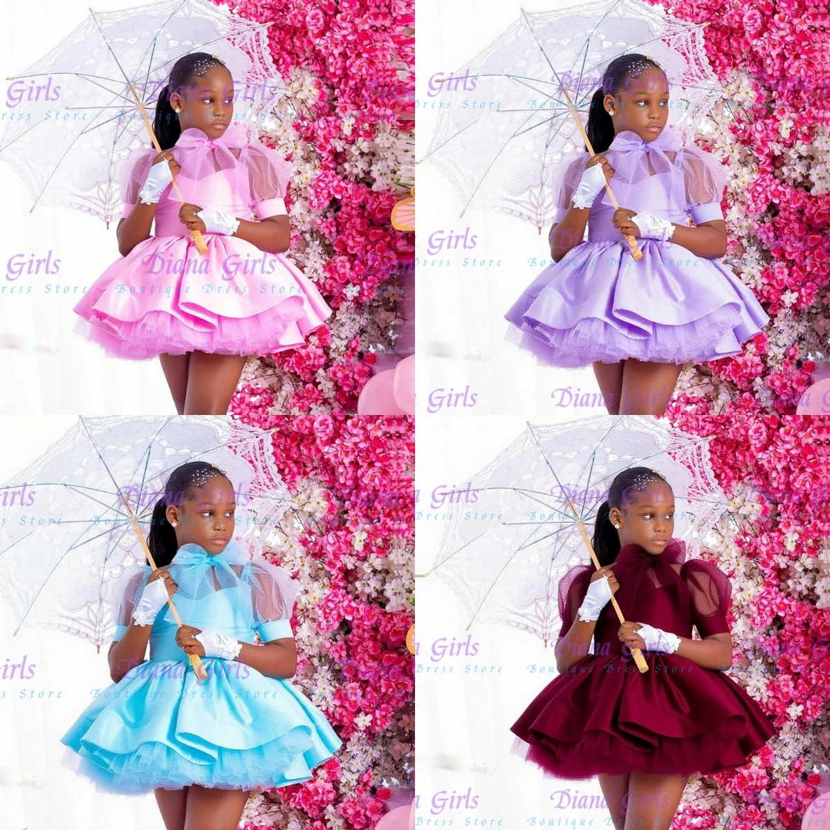 

Gorgeous Pink Flower Girl Dress Layered Wedding Tulle Satin With Decoration And Shiny Kids Birthday Party Evening Ball Dresses