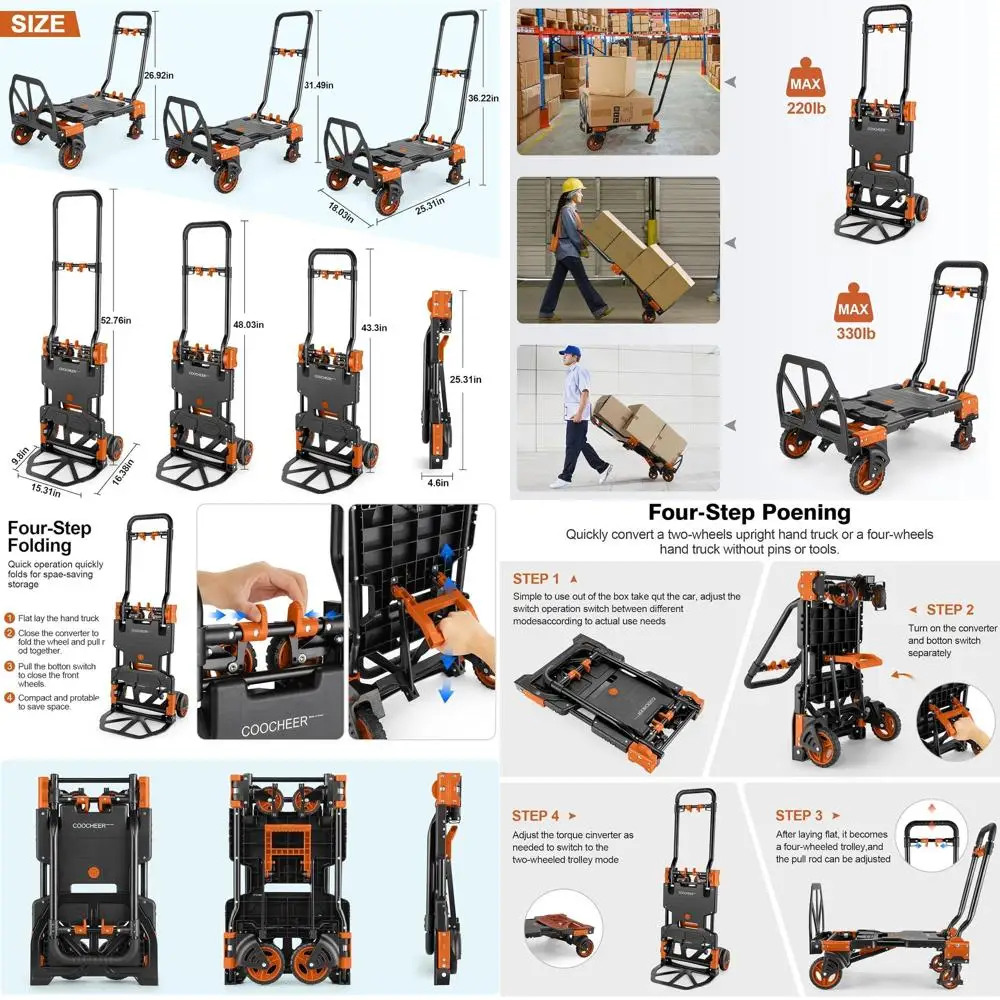 

Folding 2-in-1 Hand Truck Dolly with 330 lbs Capacity, Retractable Handle, 4 Rubber Wheels, Portable Orange Cart for Moving, Tra