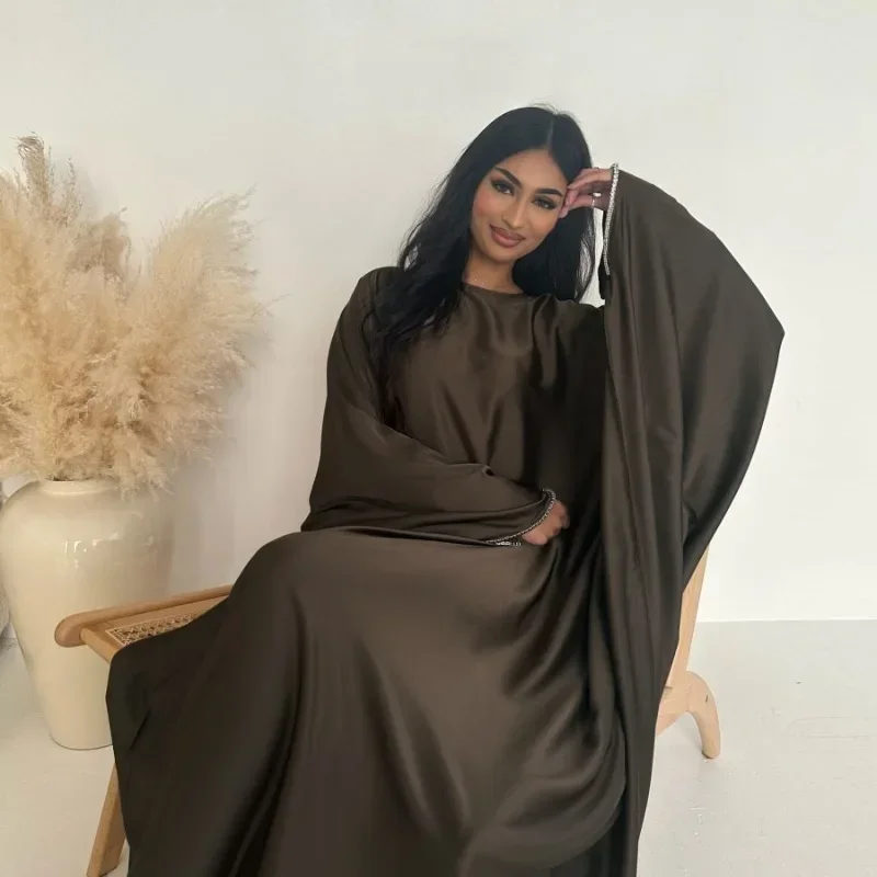 Eid Muslim Kaftan Satin Batwing Abaya Dubai Luxury Arabic African Dresses Abayas for Women Caftan Marocain Robe Femme Musulmane