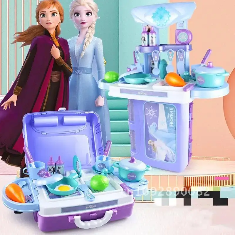 [Disney] 3 em 1 mala congelada aniversário playset simulado conjunto de cozinha casa jogar crianças presente para menina jogar brinquedos de cozinha maquiagem