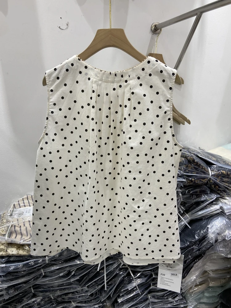 

Korean Sle Cotton Linen round Ne Polka Dot Svel Vest Women's Loose Casual Versatile Doll irt Summer New Arrival