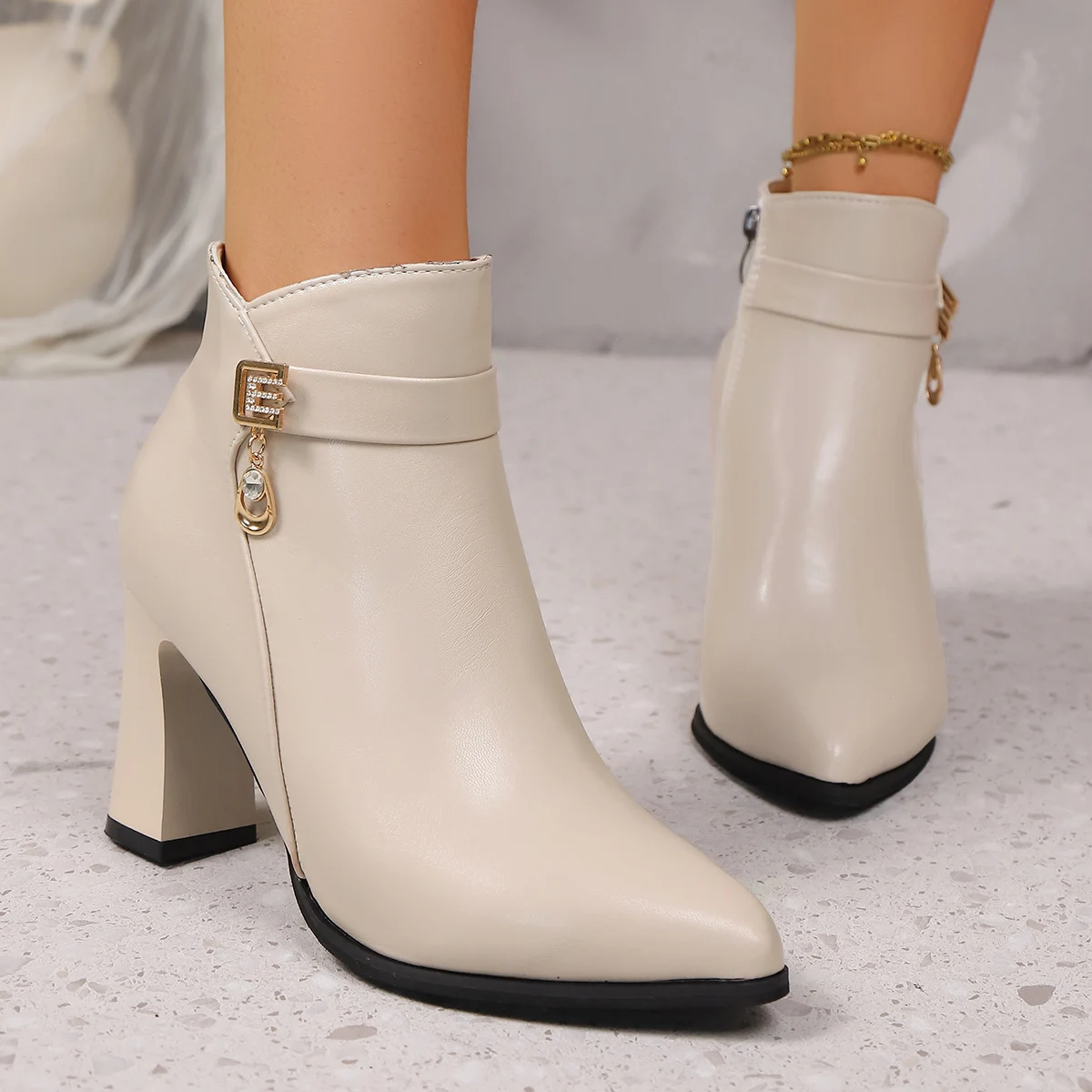 

Autumn Winter New High-heeled Women's Thick-heeled Short Ankle Boots Versatile Non-slip High Heel Warm Plush Snow Boots