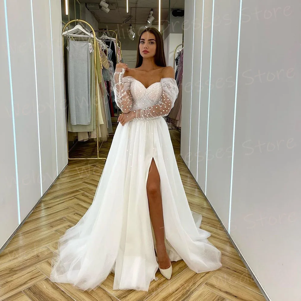 

Elegant Pretty A Line Women's Wedding Dresses Charming Off The Shoulder Bride Gowns Long Sleeve Side Split Vestidos Novias Boda