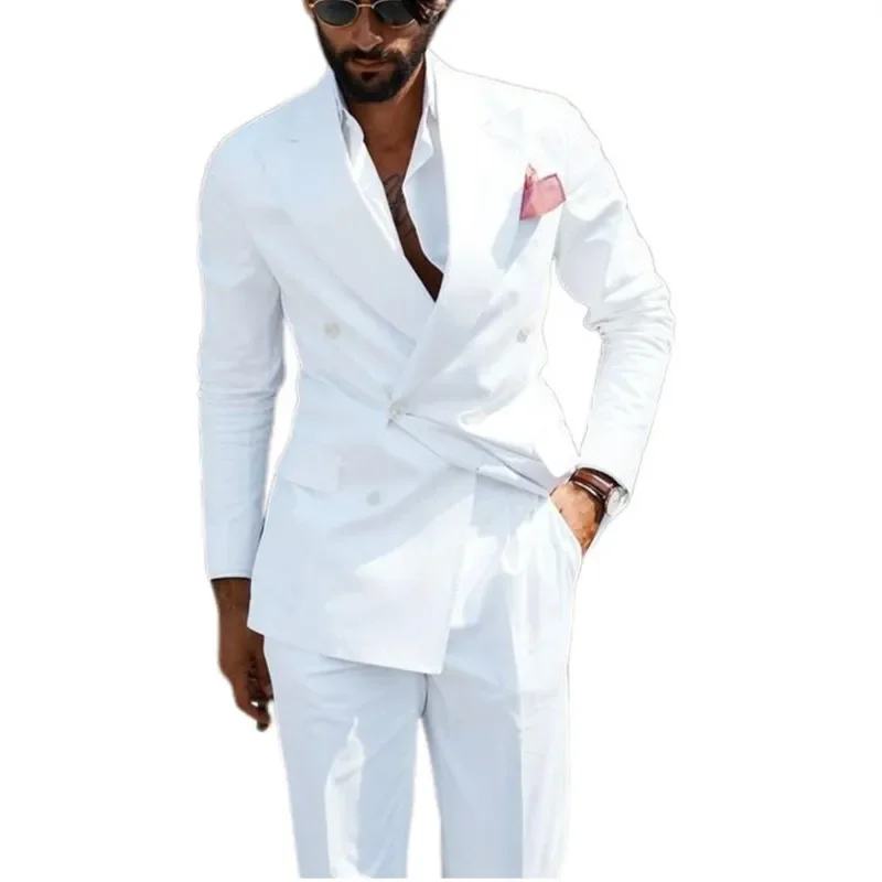 Men Suits Slim Fit Double Breasted Wedding Tuxedo For Groom 2 Piece White Formal Style Male Fashion Jacket With Pants 2024