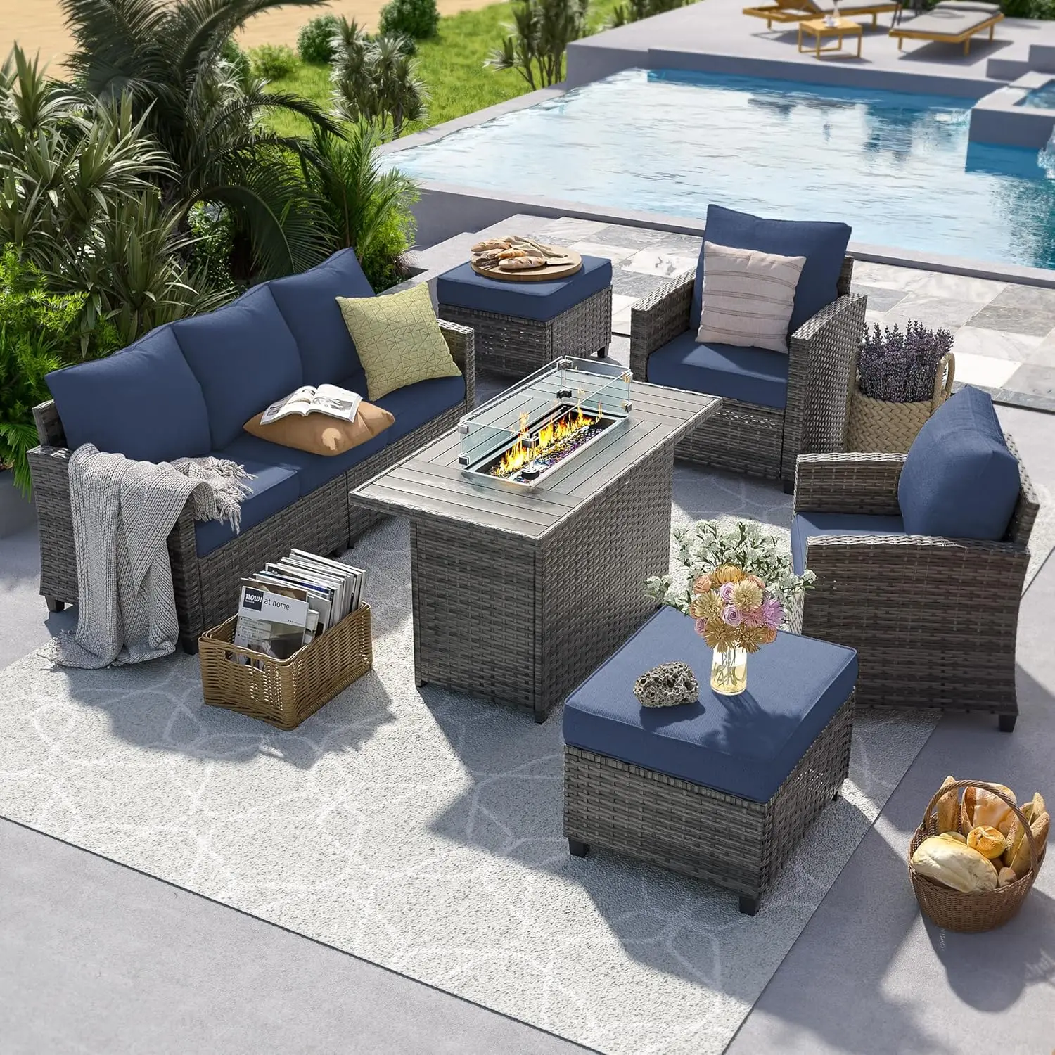 

Patio Furniture Set with 44" Fire Pit TableRattan Sofa Ottoman with 4" Thick Cushion for Garden Backyard Deck