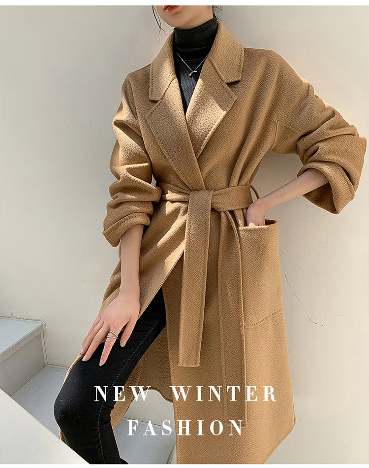 

Promotion 2023 Autumn 100% Wool Coats Women Open Stitch Design Long Coats With Belt Double Face CashmereCoat Femme Tops