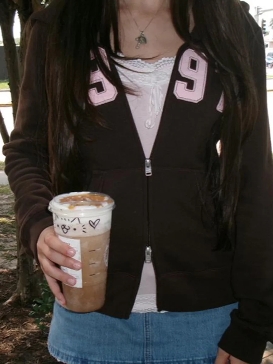 1977 رسالة التطريز سليم الرمز البريدي هوديس المرأة الخريف سحاب أكمام طويلة بلوزات الحلو خمر ملابس خارجية رياضية غير رسمية