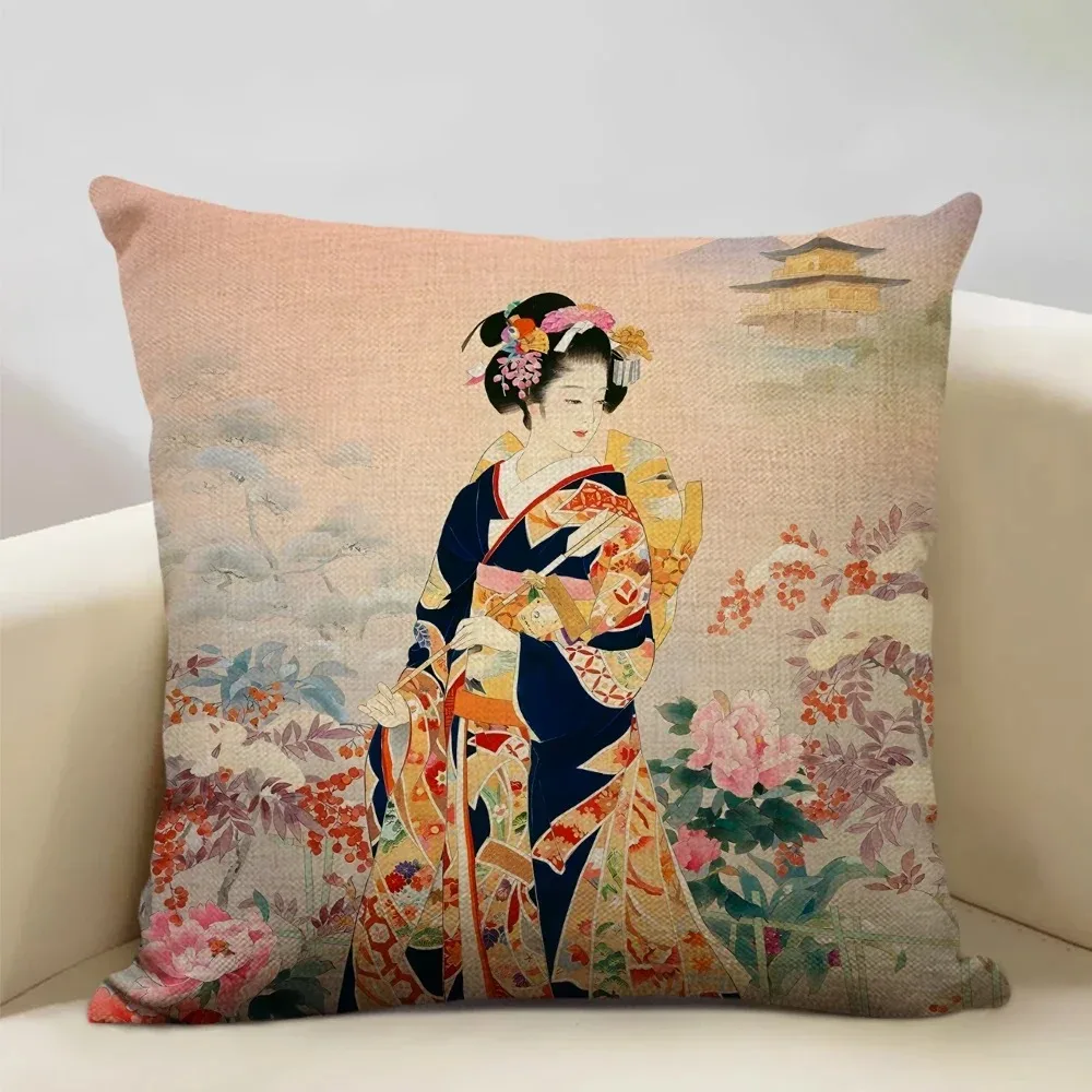 Japanse Geisha Enkelzijdige Digitale Print Perzik Huid Kussensloop Autostoel Kussenhoes Sofa Kamer Bed Decoratie