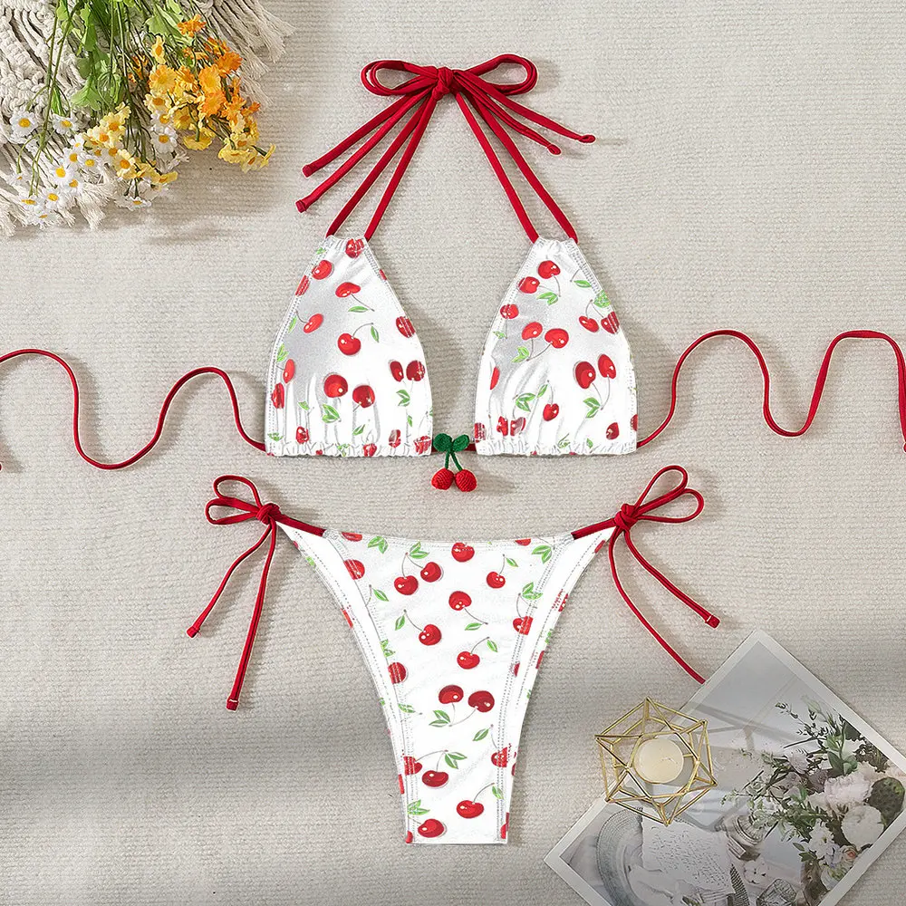 セクシーなチェリーファッションプリントの3ピースビキニ水着2025新作レディース服