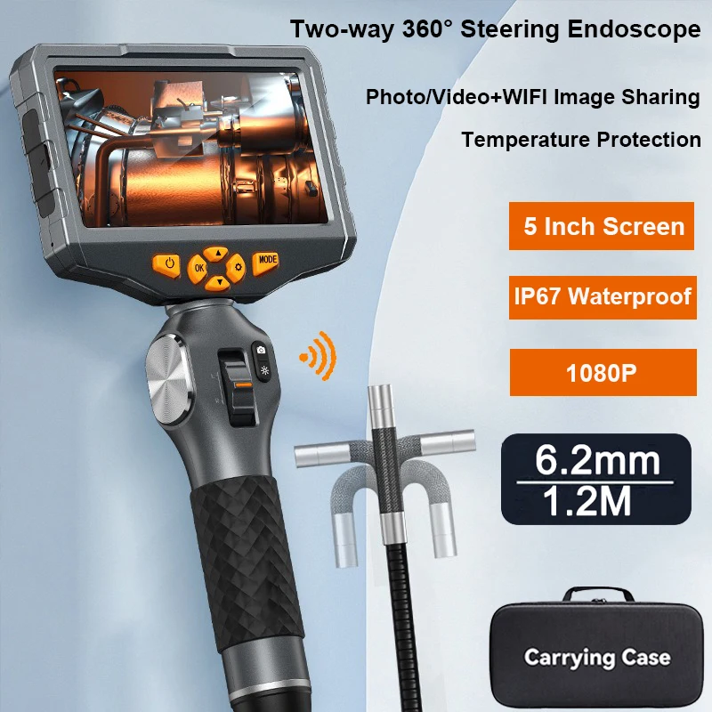 TD500 5 Inch IPS Screen 6.2mm Lens Two Way 360° Steering Endoscope 1.2m Elastic Metal Hose Articulating Borescope with WIFI