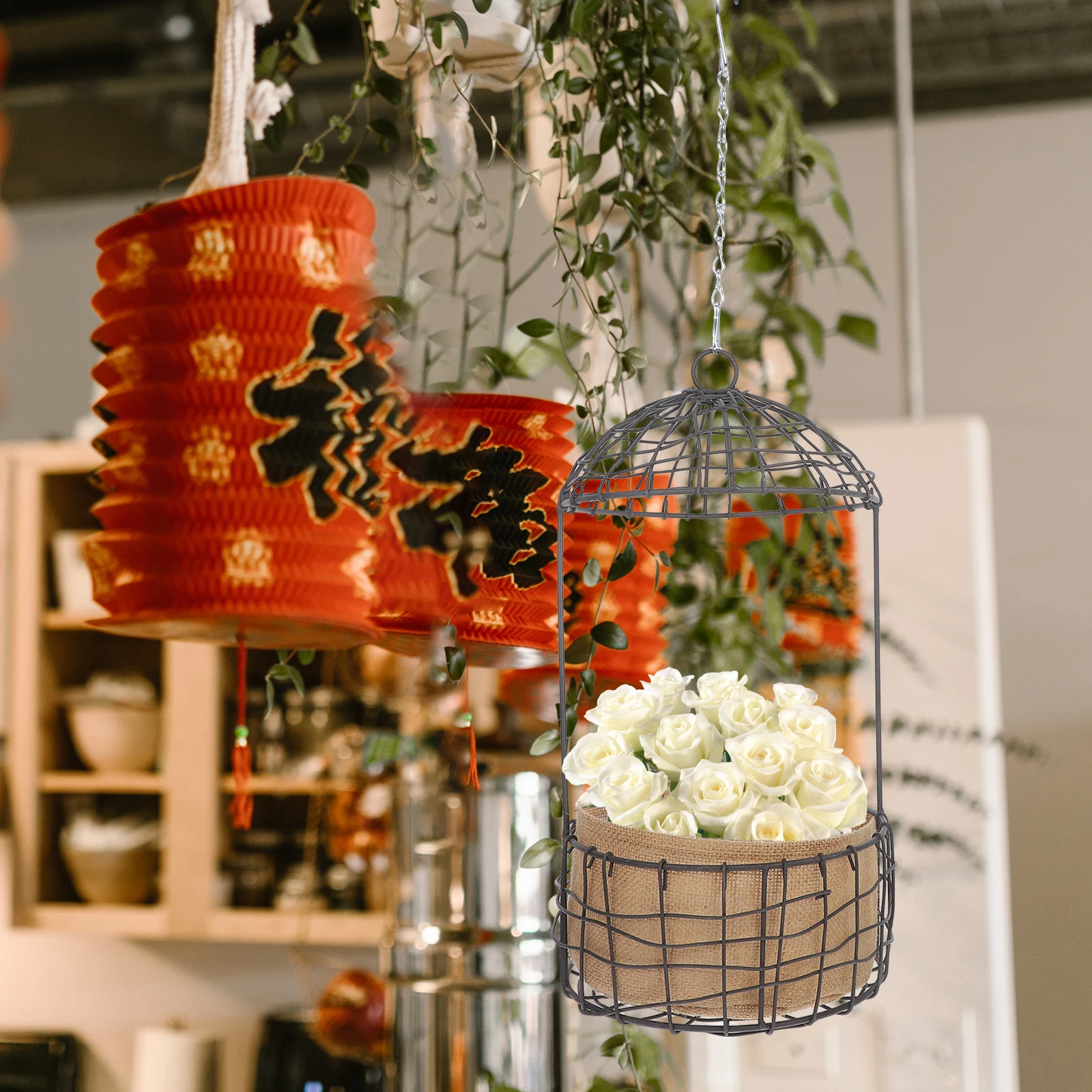 

Hanging Basket Metal Planter Pot Linen Chain Mount Floral Supplies Outdoor Indoor Decor Storage Container Wall Holder