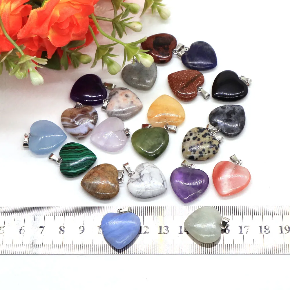 10PC/Set Natural Agate Turquoises Quartz Heart Shape Pendant Crystal Amethyst Healing Gemstone Necklace Women Charm Jewelry 16mm