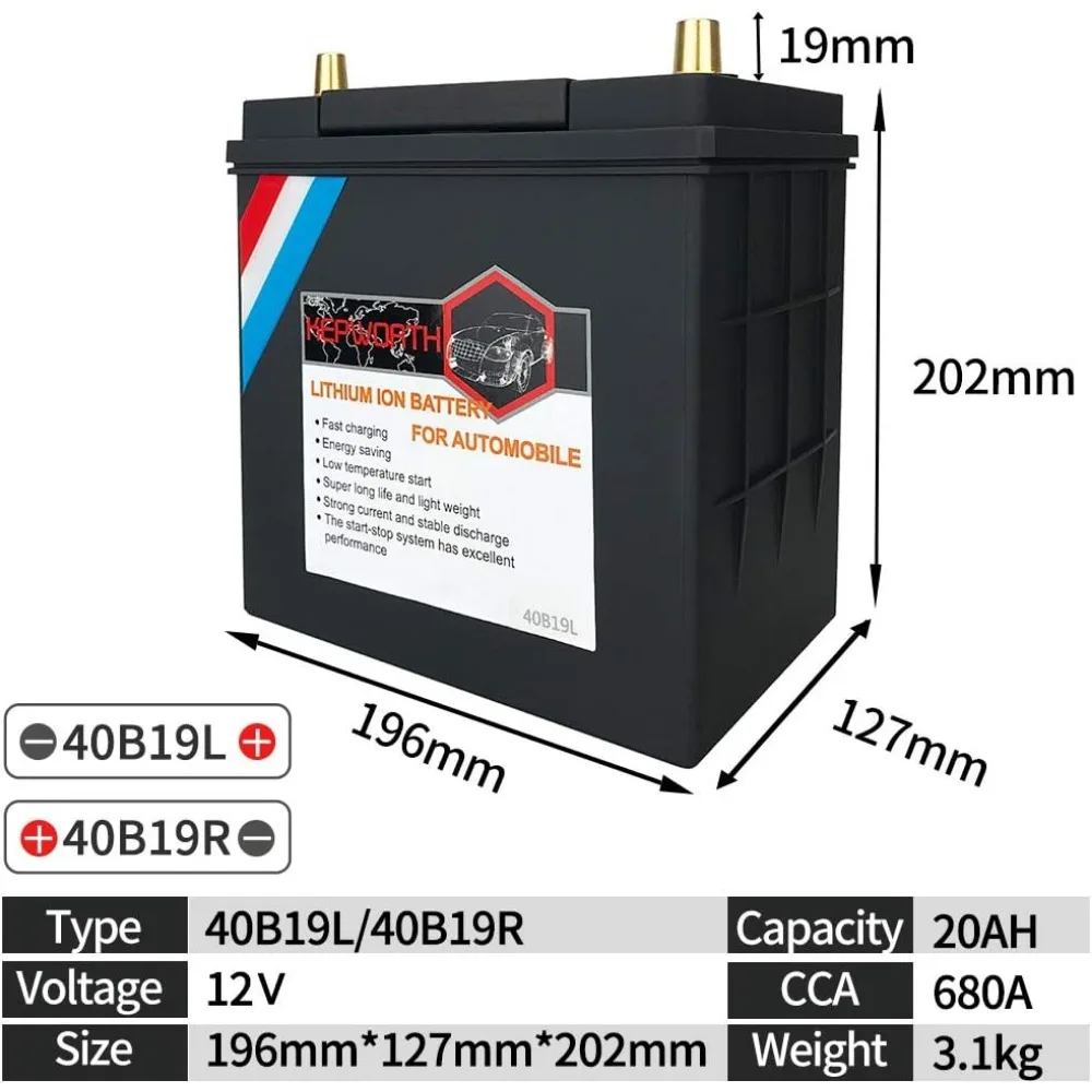 Batteria al piombo di ricambio 40ah 40B19R Batteria per automobile LiFePO4 Universale 12v 22Ah 680CCA Al litio ferro fosfato costruito