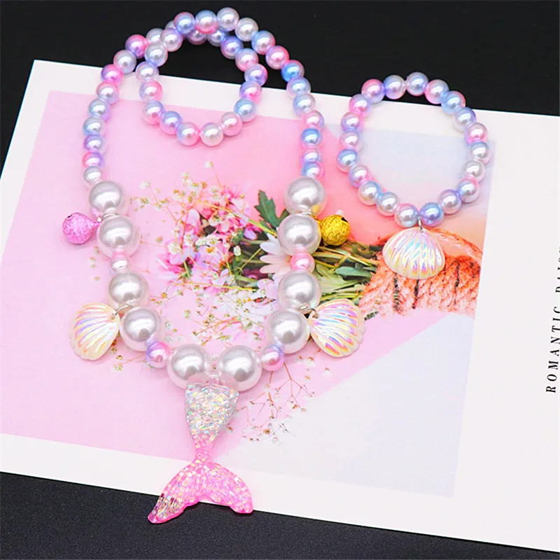 5pcs Mermaid Tail Pendant Baby Girls Beads Necklace Set Child Kids Adjustable Lovely Necklace Charm Chunky Jewelry For Gift