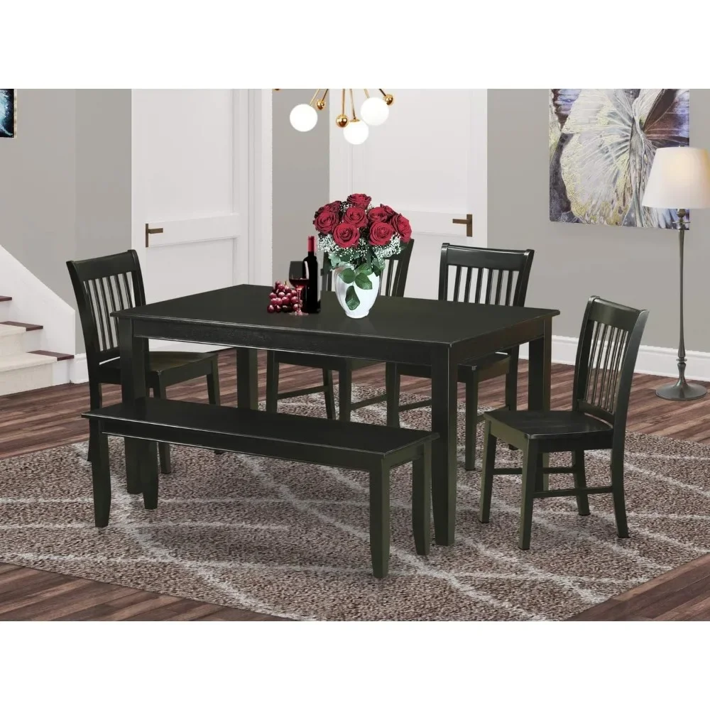 6-Piece Dinette Set - a Dinner Table and a Lovely Bench with Rectangular Top - 4 Dining Room Chairs with Solid Wood Seat