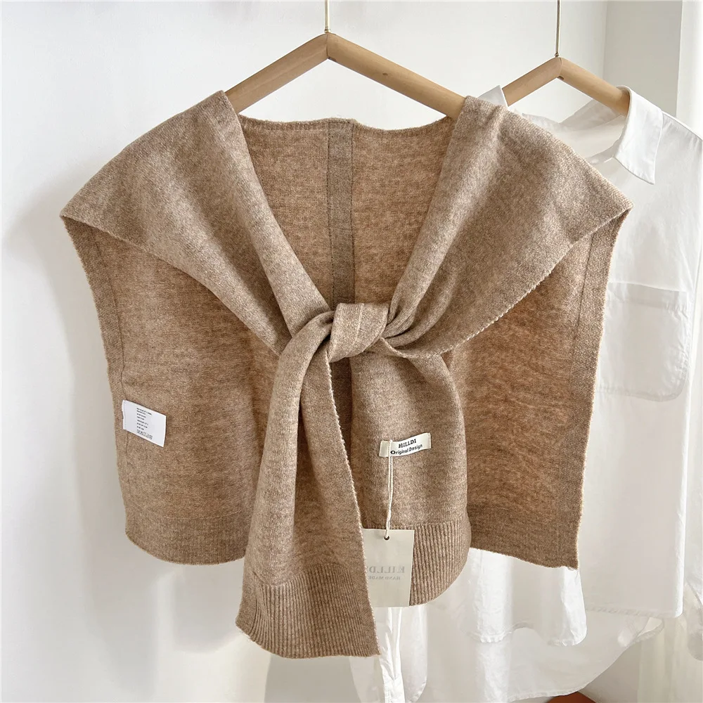 Spring Autumn Korean Knitted Shoulder Women's Knot Solid Color With Air Conditioning Small Shawl To Protect Neck Beige