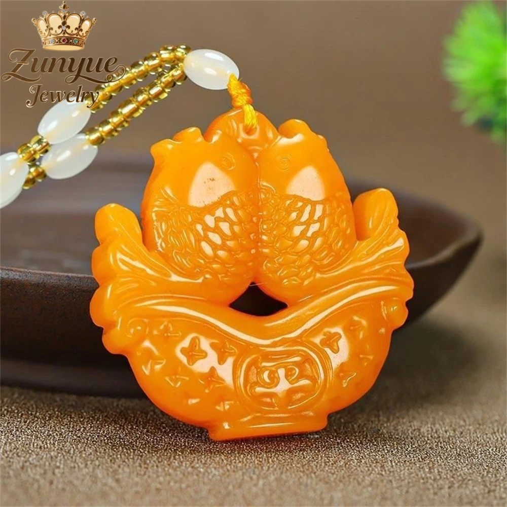 

Natural Yellow Dragon Jade Double Fish Peace Jade Pendant Luxury Quality Jewelry Fashion Jewelry Exquisite Elegant Charms Gift