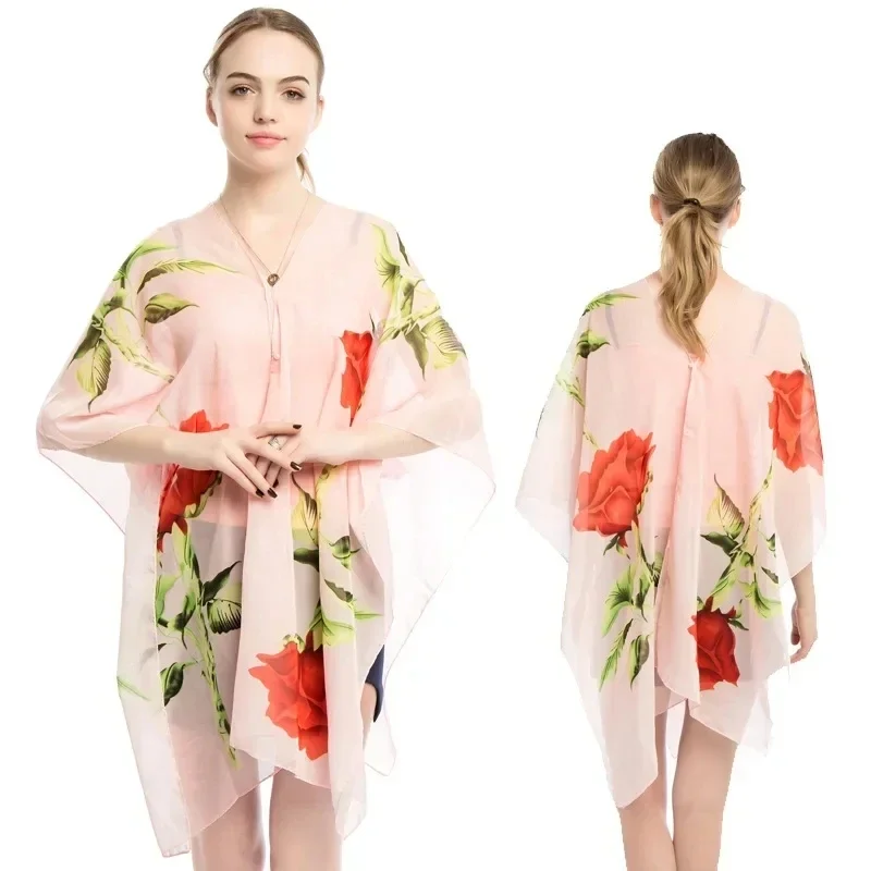 

2024 Summer Poncho Capes Cycling Sunshade Shawl Women Silk Scarf New Chiffon Printing Sunscreen Lady Shawl Cloak Pink