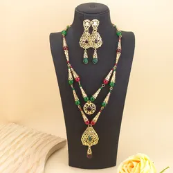 Sunspicems Chic Moroccan Beads Necklace Double Layered Chain Arabic Bridal Jewelry Necklace Earring Sets Banquet Daily Bijoux