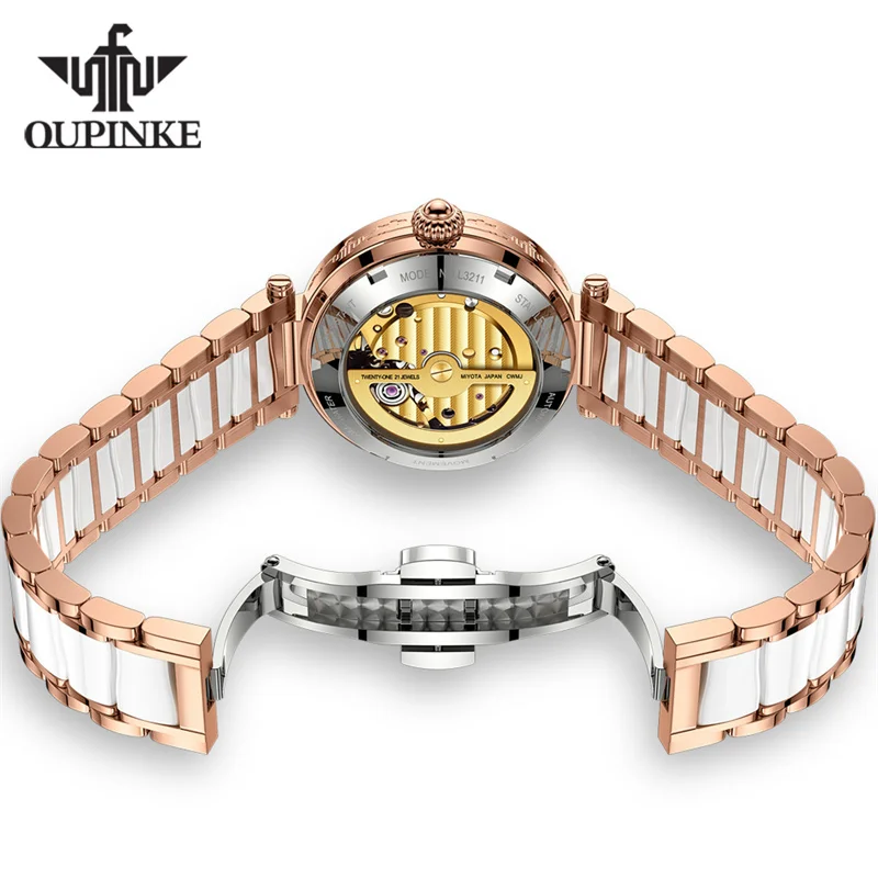 OUPINKE Mechanical Watch For Women Luxury Top Brand Stainless Steel Ceramic Strap Rose Gold Diamond Ladies Watches reloj mujer