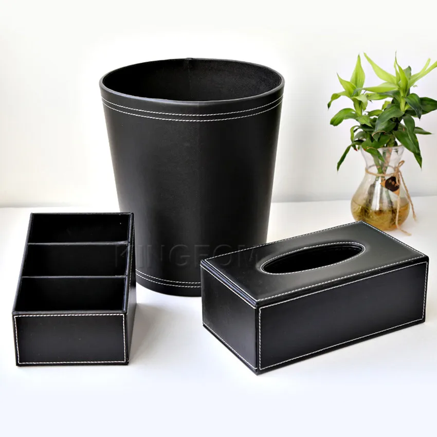 3 pcs PU Leather Office Supplies Desk Organizer Sets Remote Controller Storage Box Tissue Box Holder Trash Bin T78