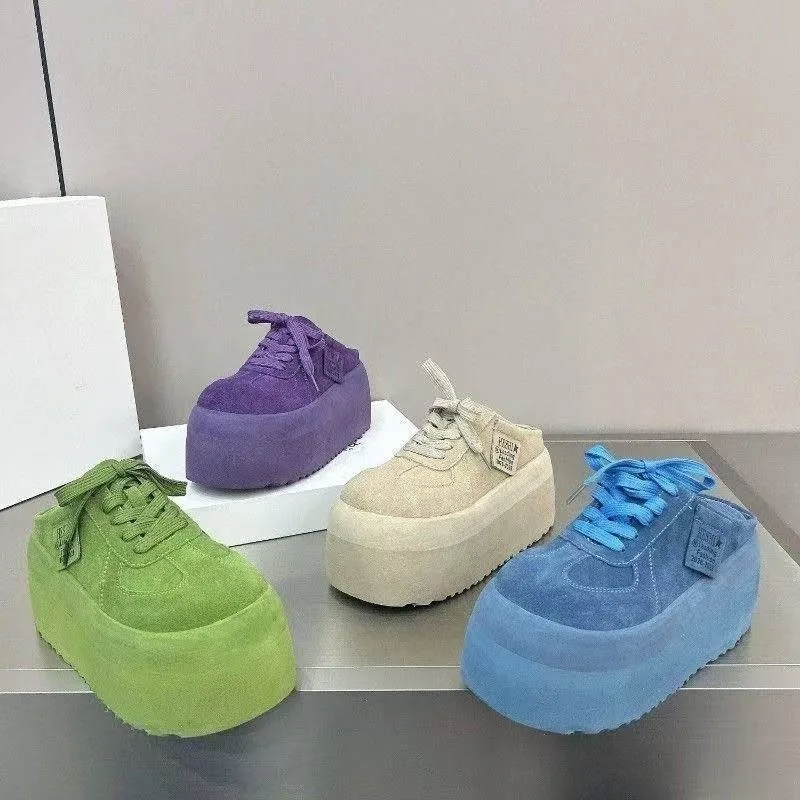 Thick Bottom Baotou Slippers 2026 New Round Head Deep Mouth Suede Lace Up Slope Heel Women's Shoes