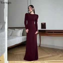 Verngo Burgundy Crepe Evenin Dress High O Neck Full Sleeves Mermaid Prom Formal Dresse Sexy Backless Special Occasion Dress