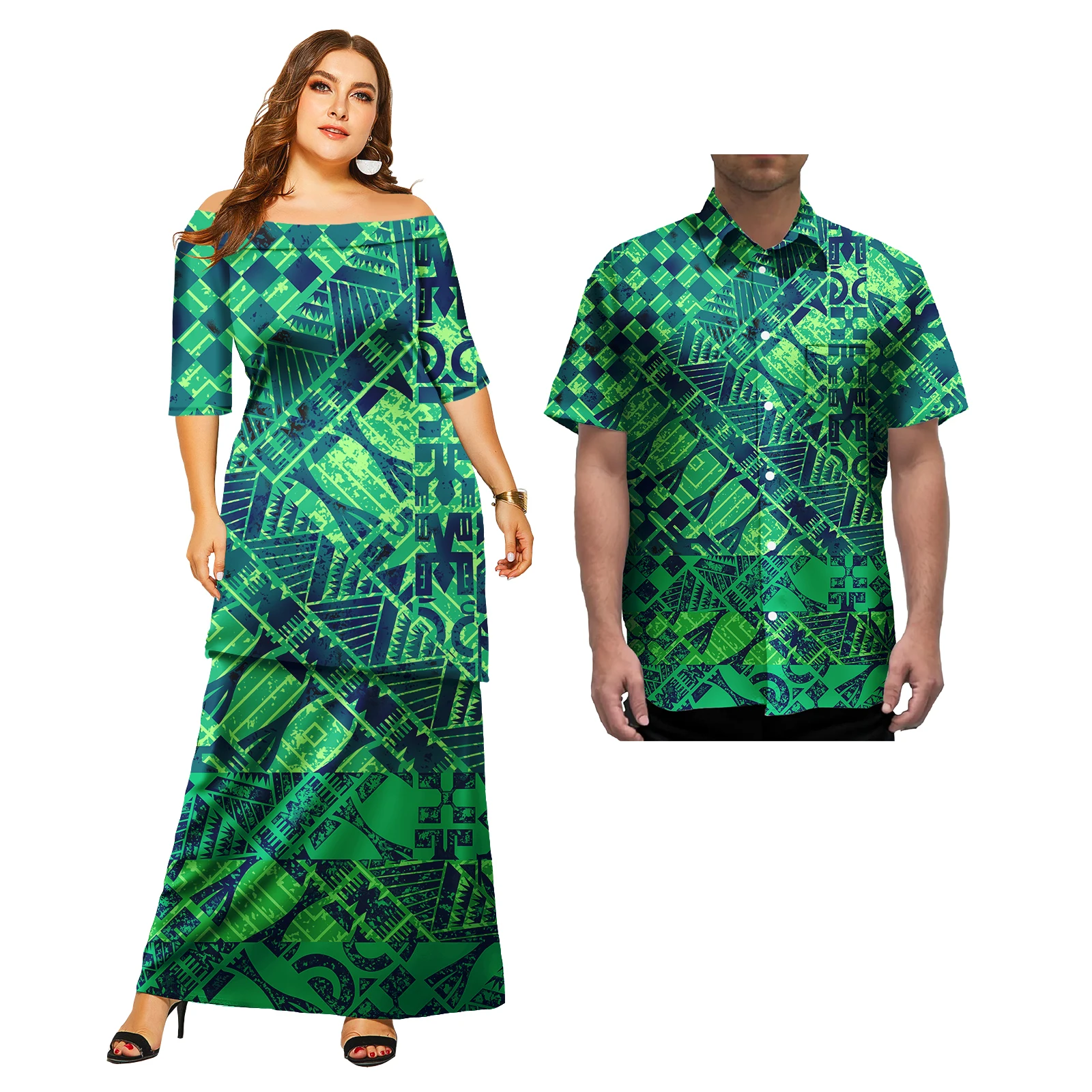 Polynesian puletasi Ladies Short Sleeve Off Shoulder Dress Knee Length Dress Men Short Sleeve T-shirt Buttons Top 2 piece