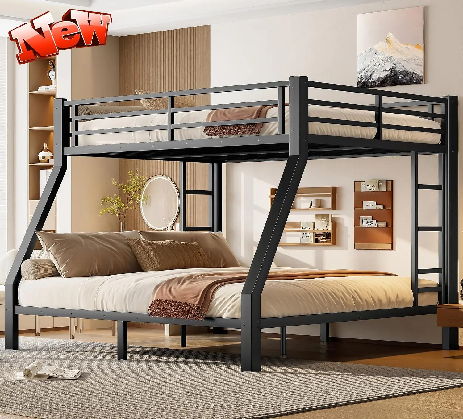 Upgraded Thickened Metal Heavy-Duty Queen Over King Bunk Bed Frame with Ladder for Adults Easy Assembly, Customized