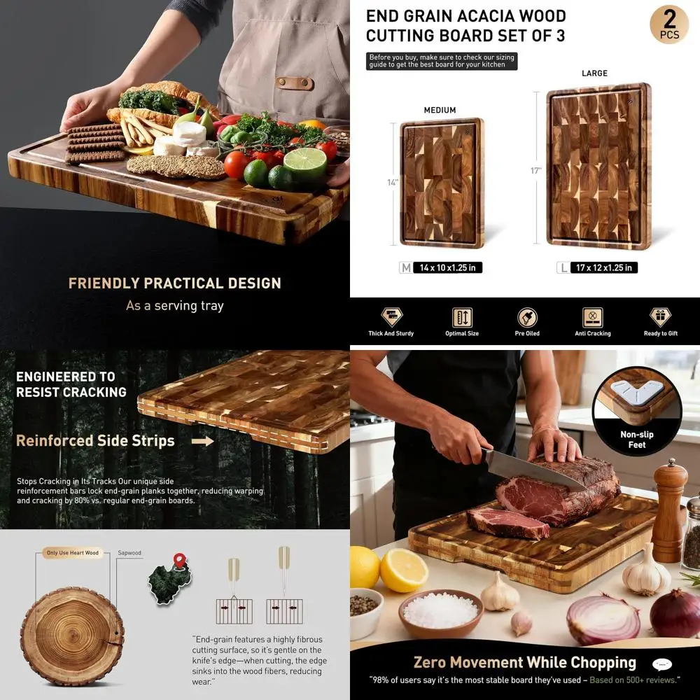 

Двойные разделочные доски из дерева акации с канавками для сока, двусторонними, нескользящими ножками и ручками — экологически чистые разделочные на кухне и S